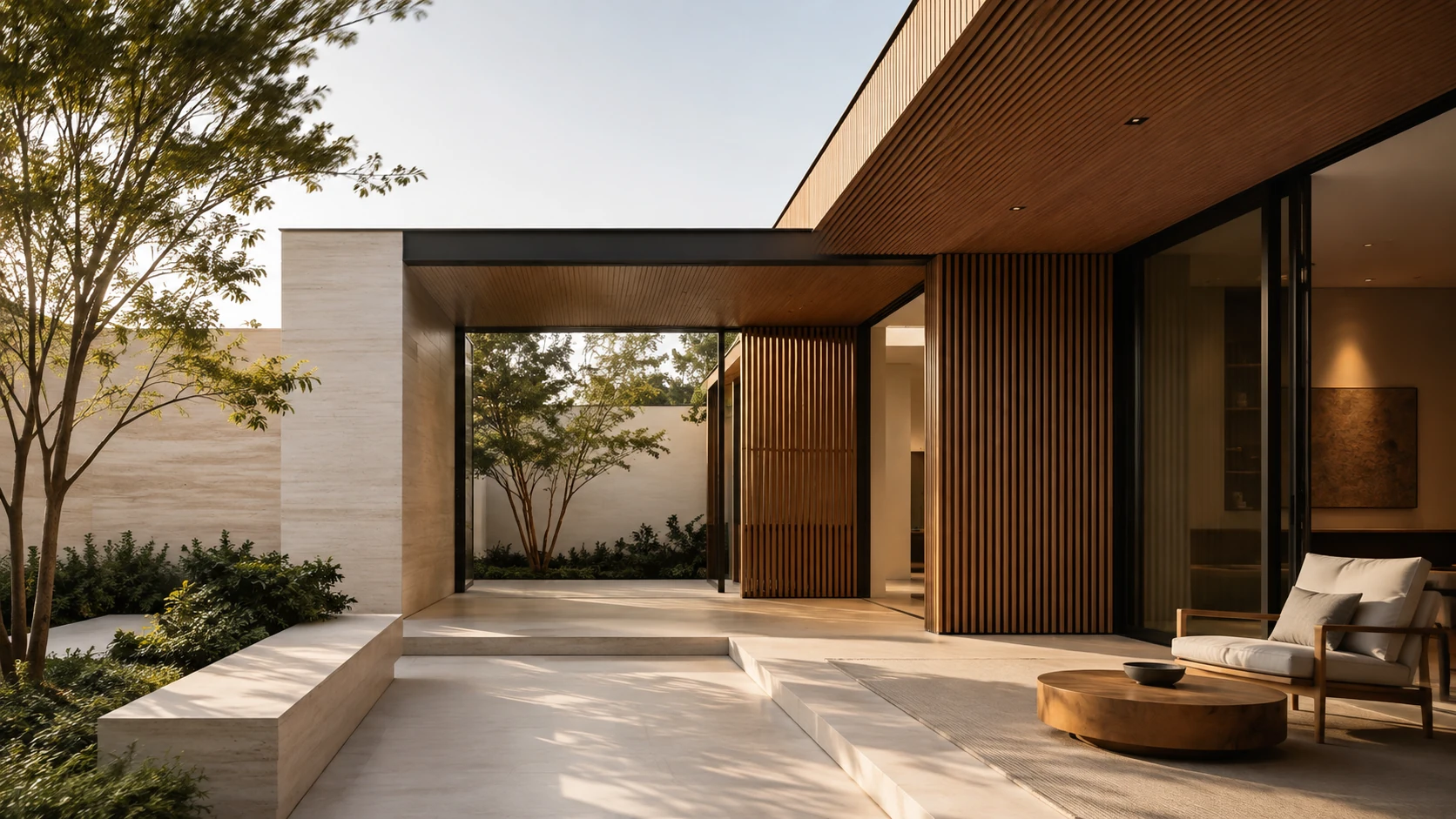 Patio de arquitectura contemporánea con madera y vegetación