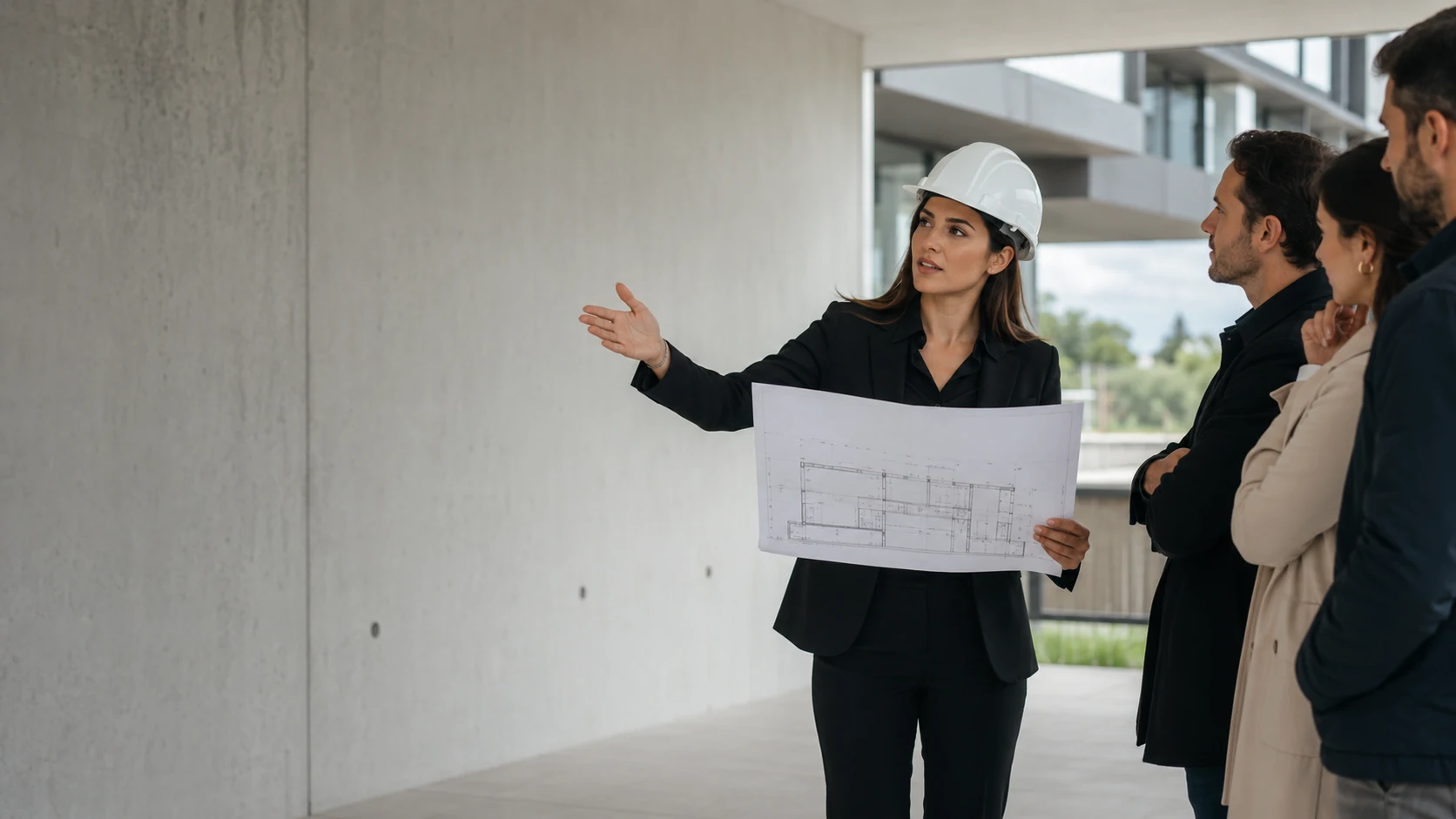 Profesional con casco blanco explicando planos de un proyecto