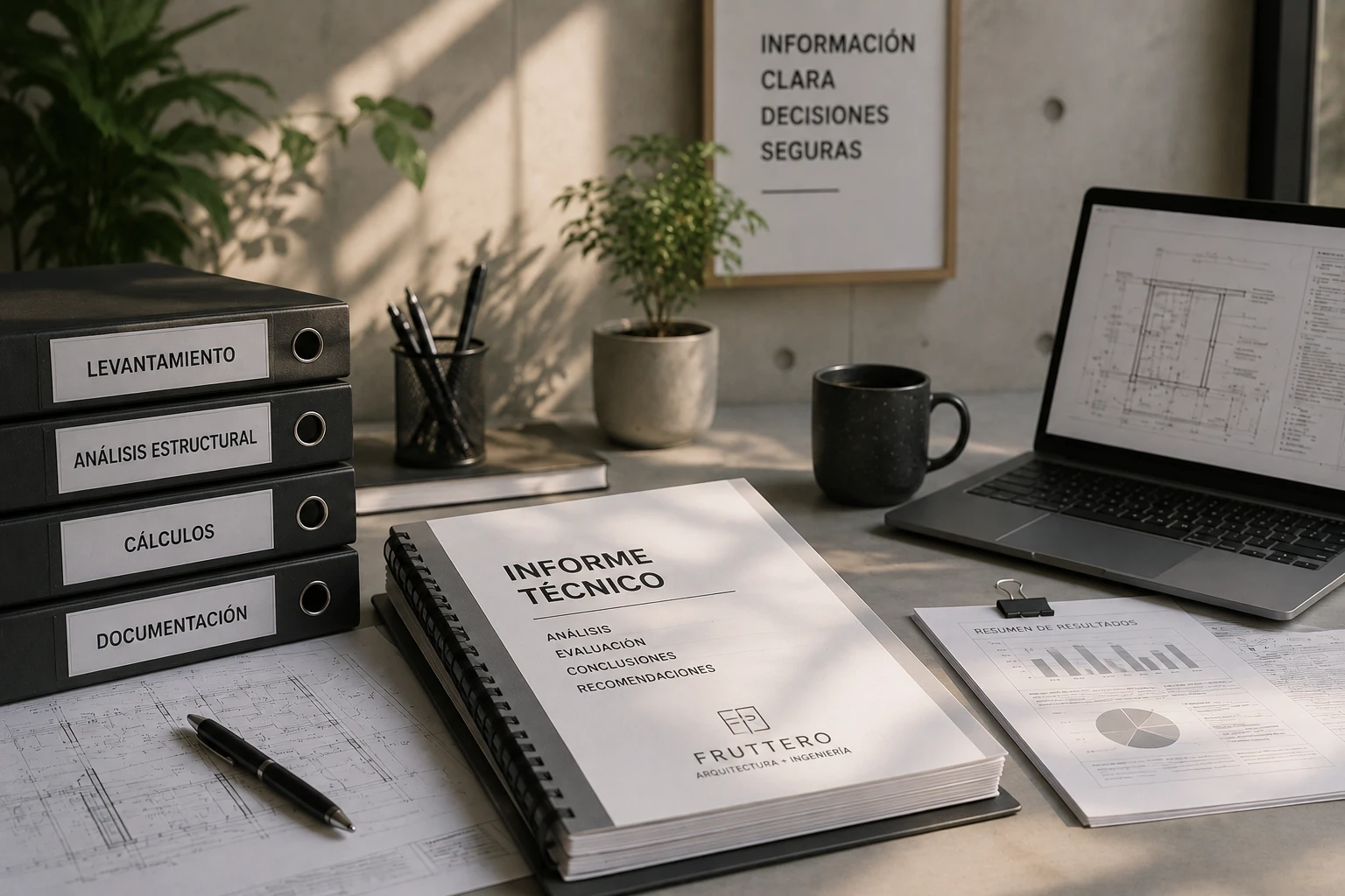 Espacio de trabajo con informe técnico, planos y computador