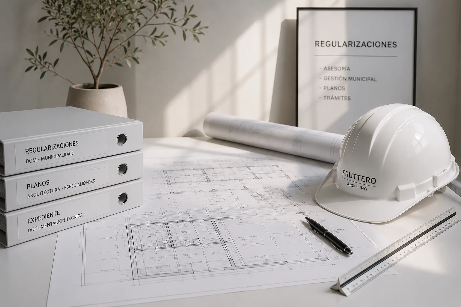 Planos arquitectónicos y casco blanco sobre mesa de trabajo