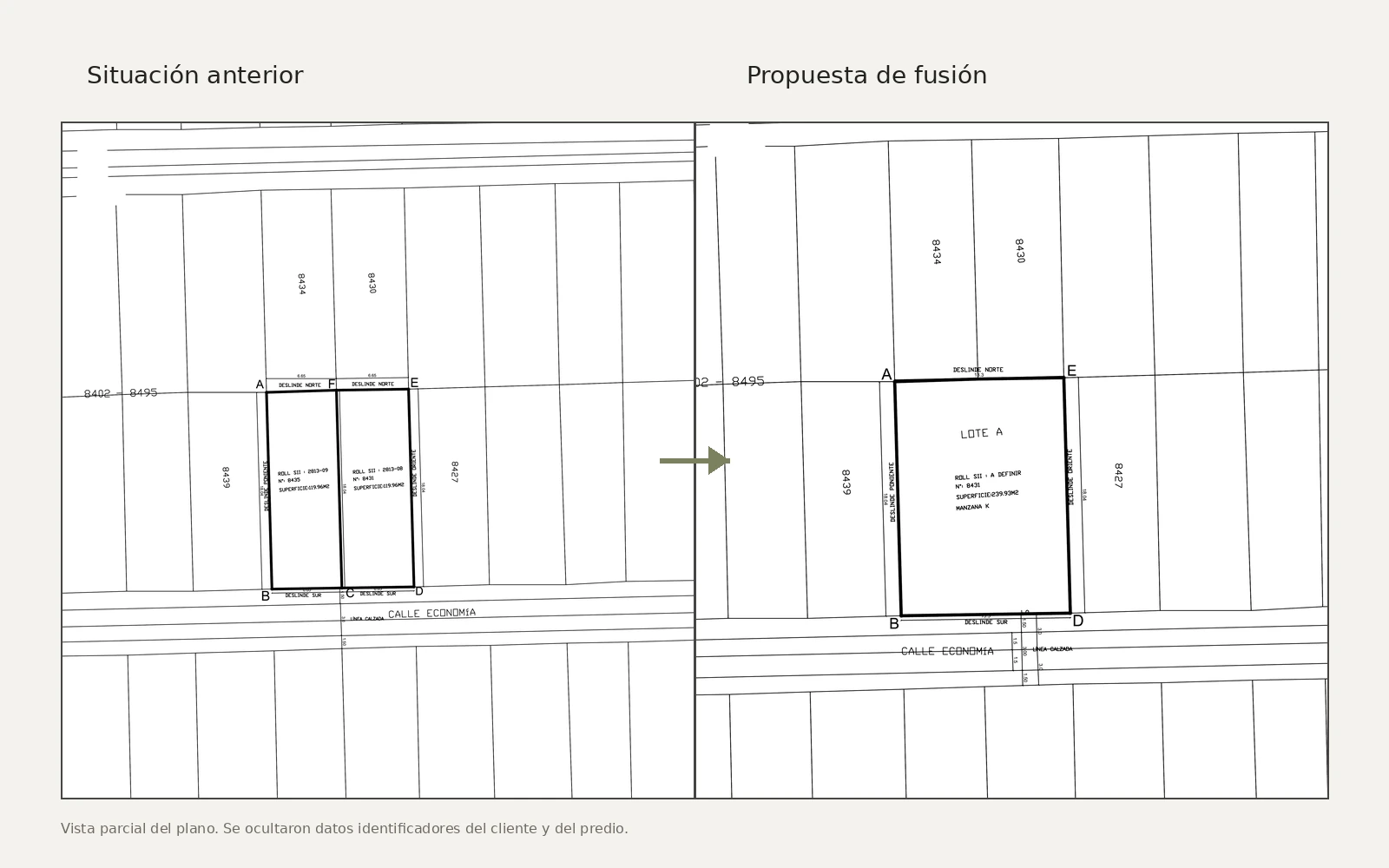 Plano de situación anterior y propuesta de fusión predial