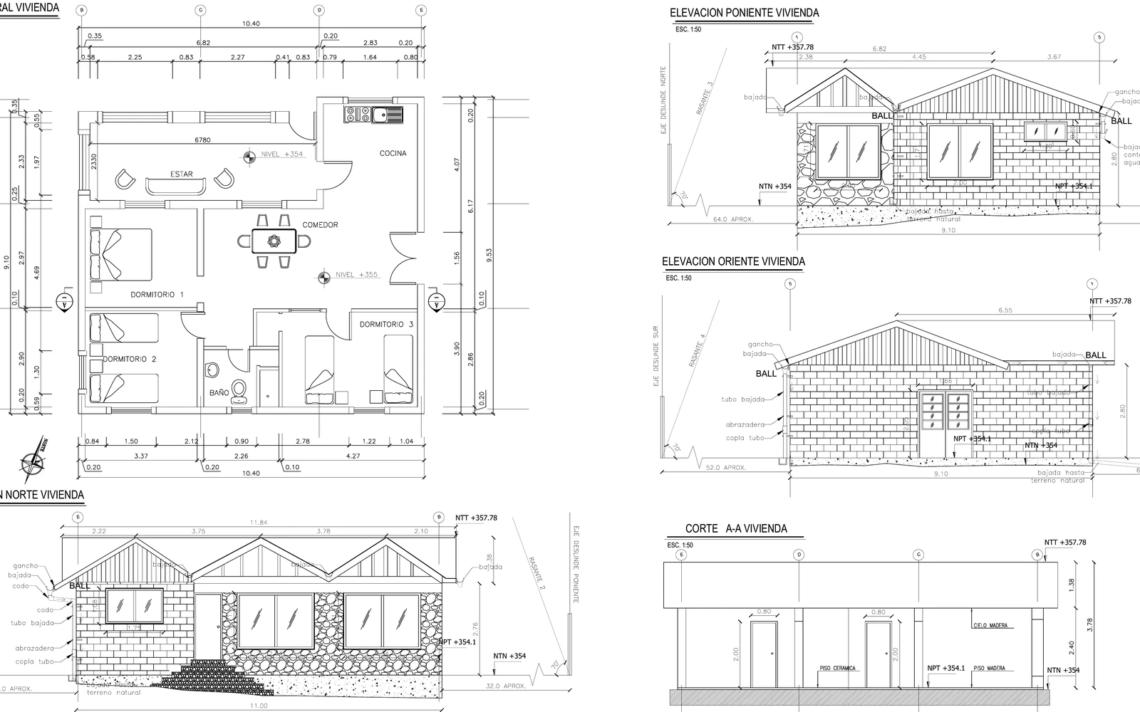 Planta y elevaciones de vivienda y construcciones complementarias